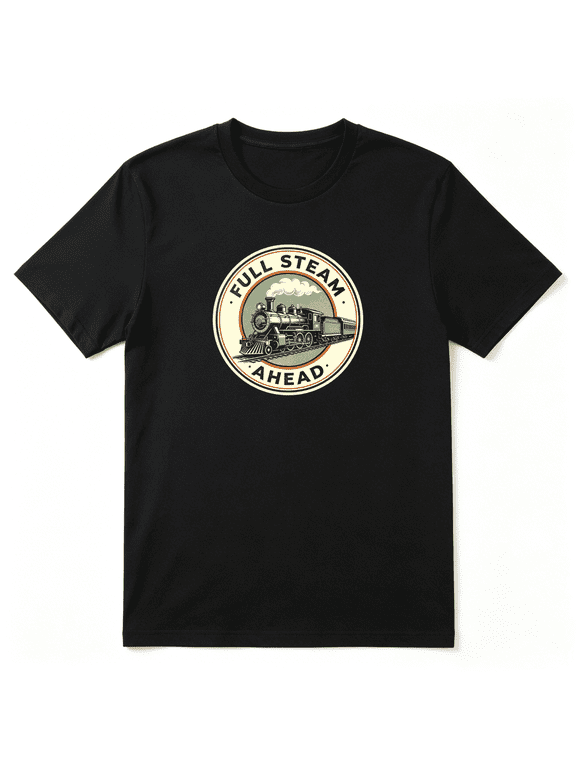Full Steam Ahead Train Engine Vintage Graphic Tee for Men, Outdoor Retirement Gift Cotton Short Sleeves T-Shirt