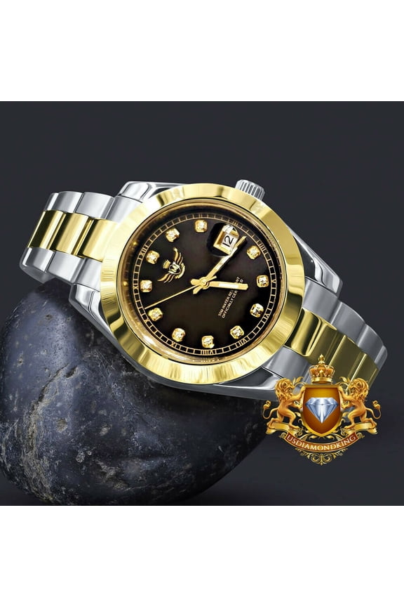 Full Steel Coffee Brown Face 18K 2 Tone Gold Simulated Diamond 40mm Watch W/Date