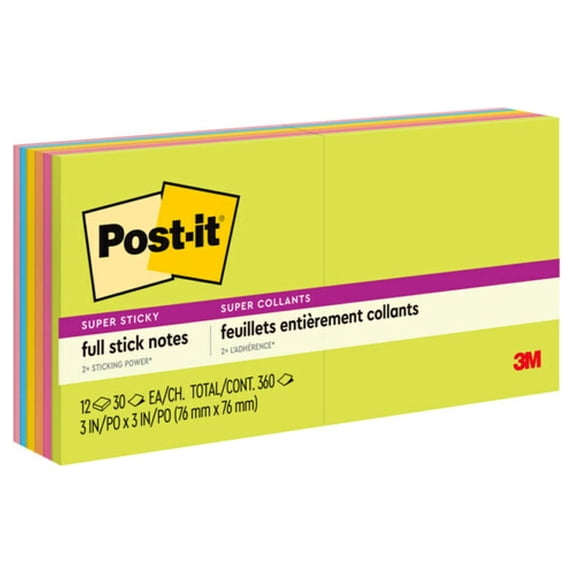 Full Stick Notes, 3 X 3, Assorted Rio De Janeiro Colors, 25 Sheets/pad, 12/pack | Bundle of 5 Packs