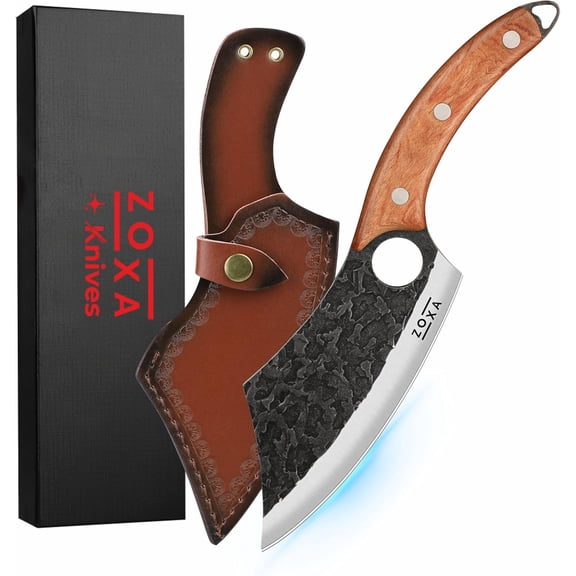 Full Tang High Carbon Stainless Steel Butcher Knife with Ergonomic Rosewood Handle & Leather Sheath  Sharp Meat Cutting Knife for Kitchen, Camping & BBQ