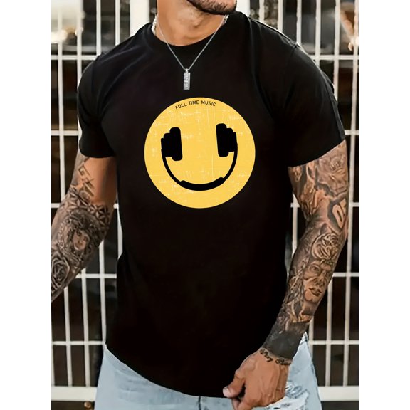"Full Time Music" Print T-shirt, Men's Casual Street Style Stretch Round Neck Tee Shirt For Summer