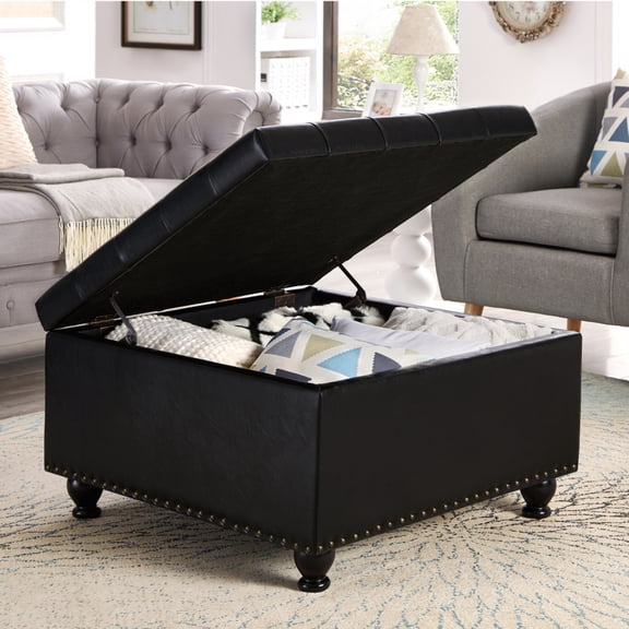 Full Title Large Square Storage Ottoman with Wooden Legs, Upholstered Button Tufted Storage Coffee Table with Nailhead Trims for Living Room,Black