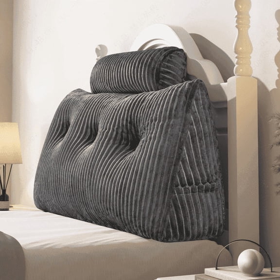 Z-hom Full Size Headboard Pillow Set, Grey Wedge Pillow with 2 Roll Pillows & Side Pockets, 54″ Triangular Backrest for Reading in Bed, Removable Washable Velvet Cover (Grey, Full: 54”x20”x8”)