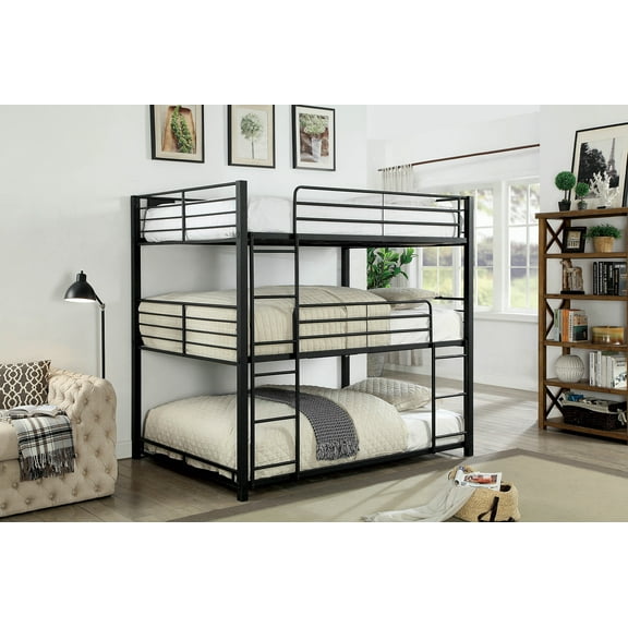 Full Tripe Decker Bed Contemporary Style Attached Two Ladders Full Metal Structure With Guard Rails Sand Black Finish