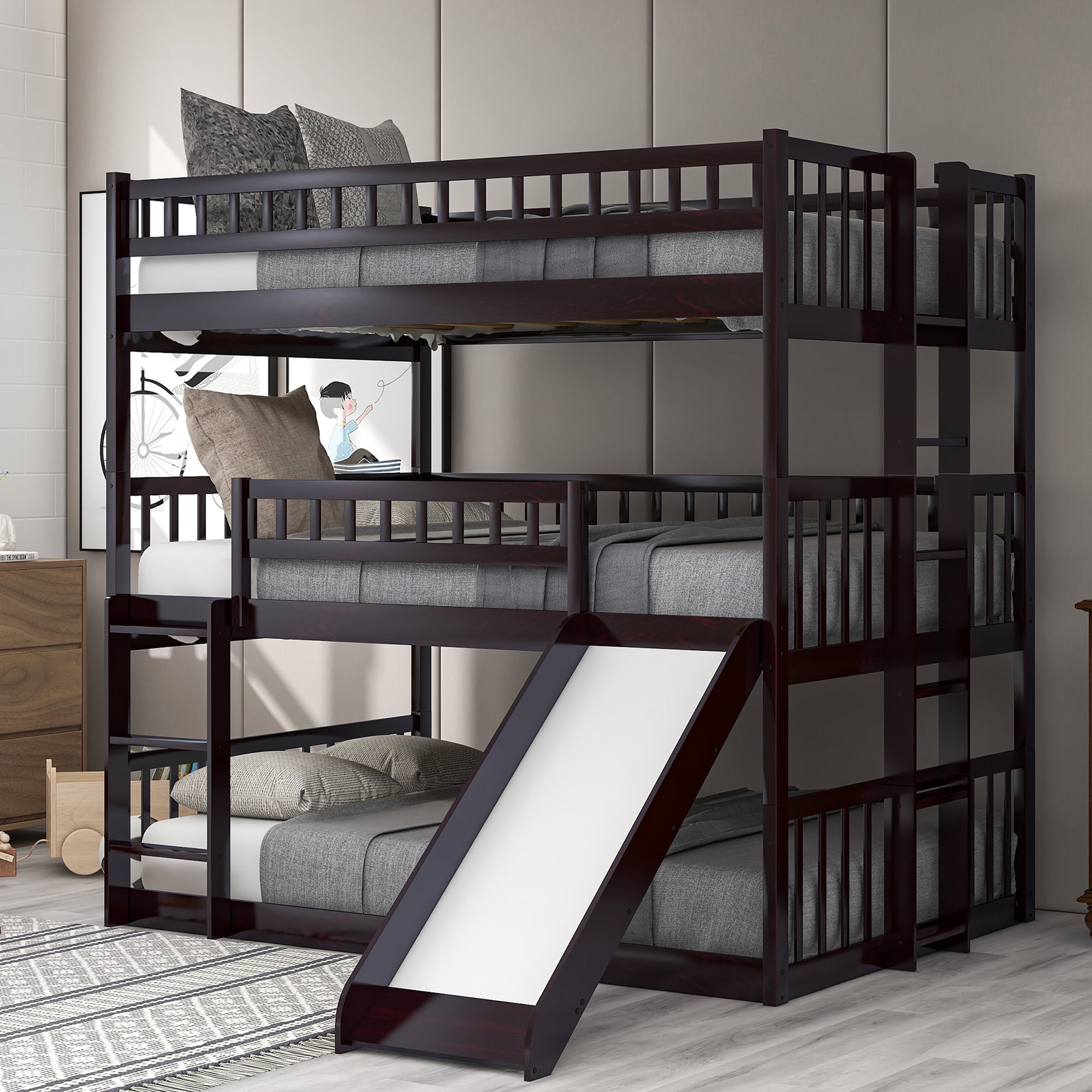 Full over Full over Full Triple Bunk Bed, Space Saving Triple Beds