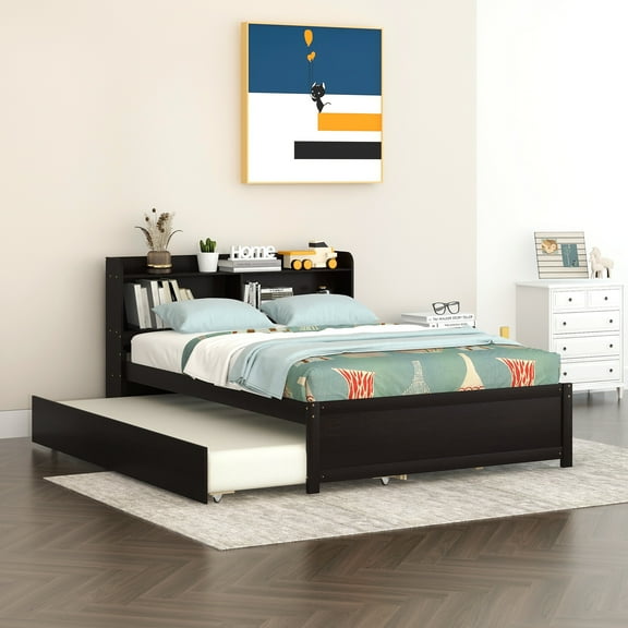Full Trundle Bed with Bookcase Headboard, Wood Full Size Platform Bed Frame, No Box Spring Needed (Espresso)