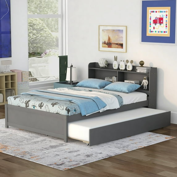 Full Trundle Bed with Bookcase Headboard, Wood Full Size Platform Bed Frame for Teens, No Box Spring Needed (Gray)