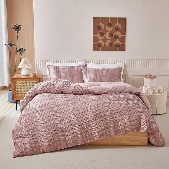Full Tufted Comforter Set 3Pcs, Pink Boho Ruffled Microfiber All Season Bedding