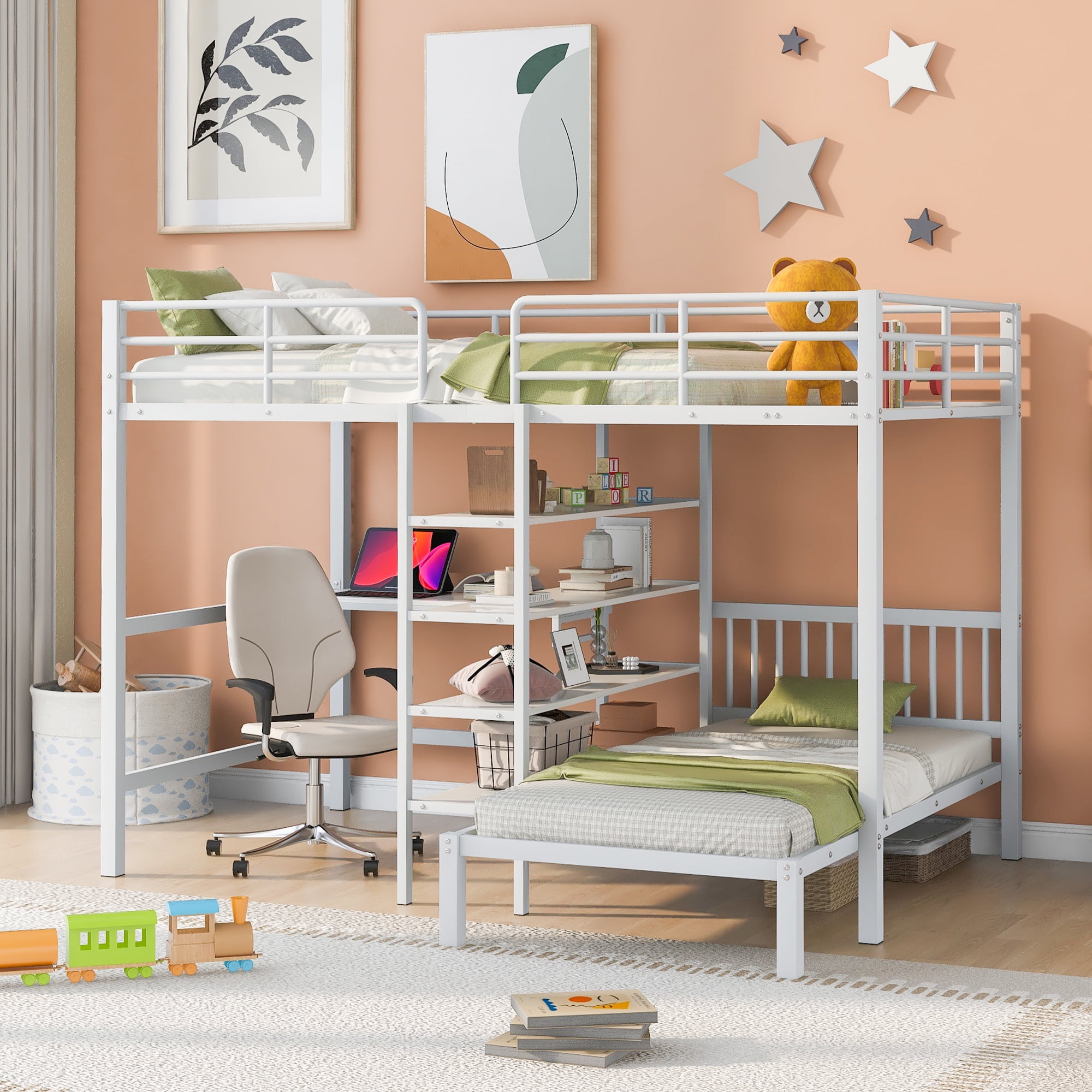 Full Over Twin Bunk Bed with Built-in Desk and Storage Shelves,L-Shape Heavy-Duty Metal Bunk Bed w/Staircase & Safety Guardrail,for Bedroom Boys Girls Adults,White