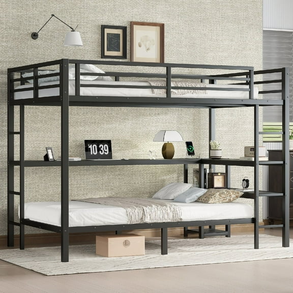 Full Over Twin Bunk Bed Frame with Charging Station and Desk, Heavy Duty Metal Beds Frame with Shelves and LED Light, Multiple Placement Bedframe for Bedroom, Mattress Not Included, Black
