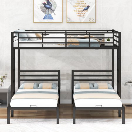 Full over Twin&Twin Metal Bunk Bed with Built-in Shelve and Ladder for Kids, Metal Triple Bunk Bed Frame, 3 Bed Bunk Bed with Full Length Guardrails(Black)