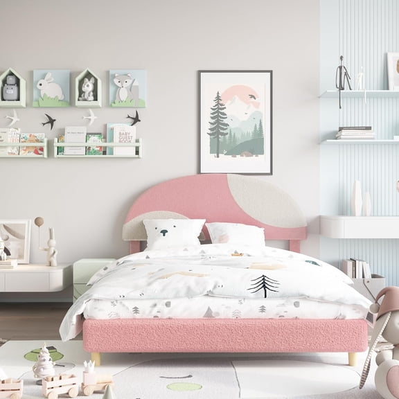 Full Upholstered Bed Frame – Round Boucle Headboard, Arch-Style Design, Wood Slats Support Needed, Easy Assembly, Pink Beige