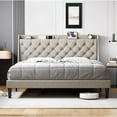 thumbnail image 1 of Full Upholstered Bed Frame with Wingback Headboard,Upholstered Platform Bed Frame with Charging Station and USB Ports,Storage Shelf,Luxurious Linen Upholstery Platform Bed,No Box Spring Needed,Beige, 1 of 7