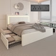 thumbnail image 1 of E-Motie Full Size Bed Frame with 4 Storage Drawers and LED Lights, Upholstered Platform Bed with Adjustable Headboard and Charging Station, Metal Slats Support, White, 1 of 12