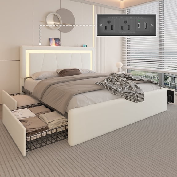 E-Motie Full Size Bed Frame with 4 Storage Drawers and LED Lights, Upholstered Platform Bed with Adjustable Headboard and Charging Station, Metal Slats Support, White