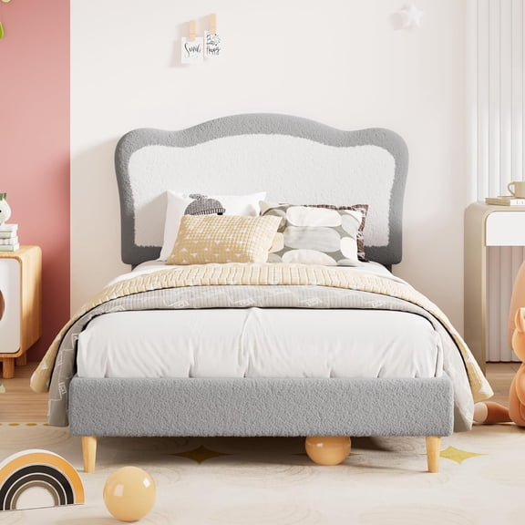 Full Upholstered Bed Frame with Two-Tone Scalloped headboard, Cute Velvet Princess Platform Bed for Boys/Girls, Solid Wood Slats Support, Gray