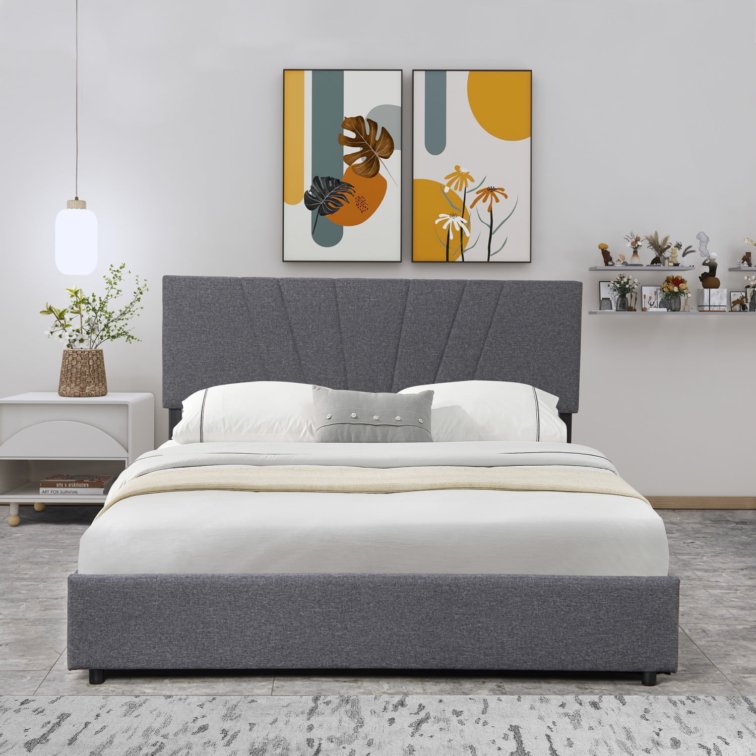 Full Upholstered Bed with Lifting Storage, Wooden Platform Bed Frame