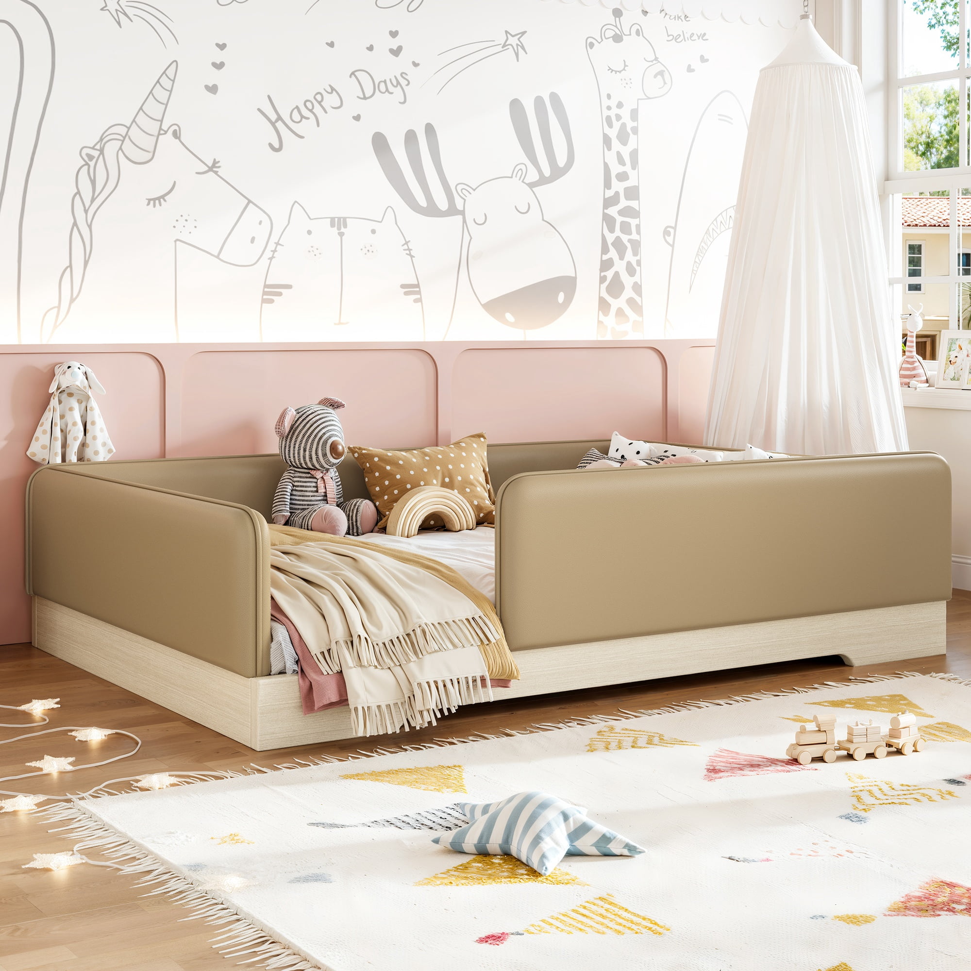 Full Upholstered Floor Bed 77.56 Inch, Faux Leather Montessori Bed with Removable Guardrails, Low Profile Platform Bed for Kids, Brown