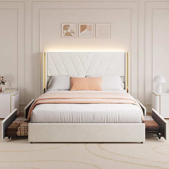 Full Upholstered Led Bed Frame With 4 Storage Drawers, Bed Frame With Rgb Led Lights, Velvet Platform Bed Frame With Wingback Headboard, No Box Spring Needed, Noise Free, Easy Assembly