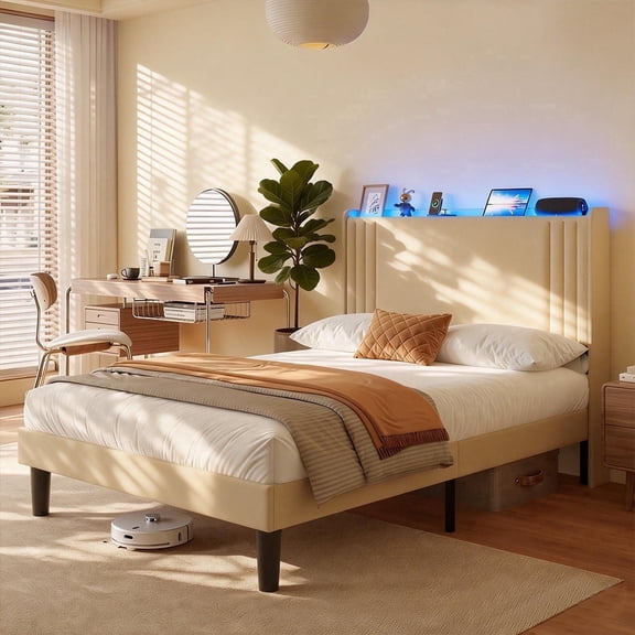 Full Upholstered Platform Bed Frame with Charging Station & LED Lights, Wingback Headboard, Wood Slat Support, Noise-Free, No Box Spring Needed, Beige