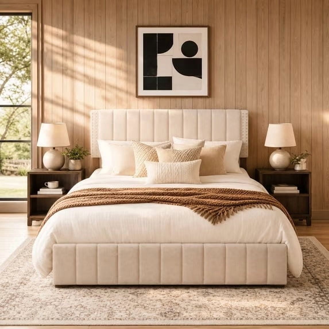 Full Upholstered Platform Bed Frame with Headboard, 4 Under-Bed Drawers, Noise-Free, No Box Spring Needed, Easy Assembly, Modern Bedroom Furniture, Beige