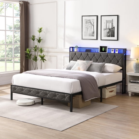 Full Upholstered Platform Bed Frame Storage Headboard Charging Station LED Lights Heavy Duty Metal Slats No Box Spring Needed Noise-Free Dark Gray