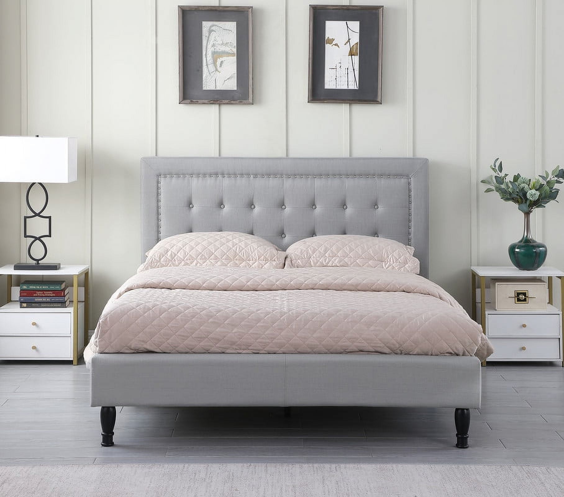 Full Upholstered Platform Bed Frame with 43.5 Tall Headboard Button Tufted Linen Bed Gray Oliver Smith Athena Walmart