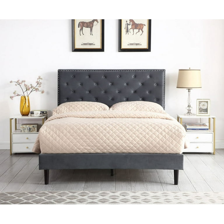 Full Upholstered Platform Bed Frame with 48 Tall Adjustable Headboard Button Tufted Suede Bed Gray Oliver Smith Princeton