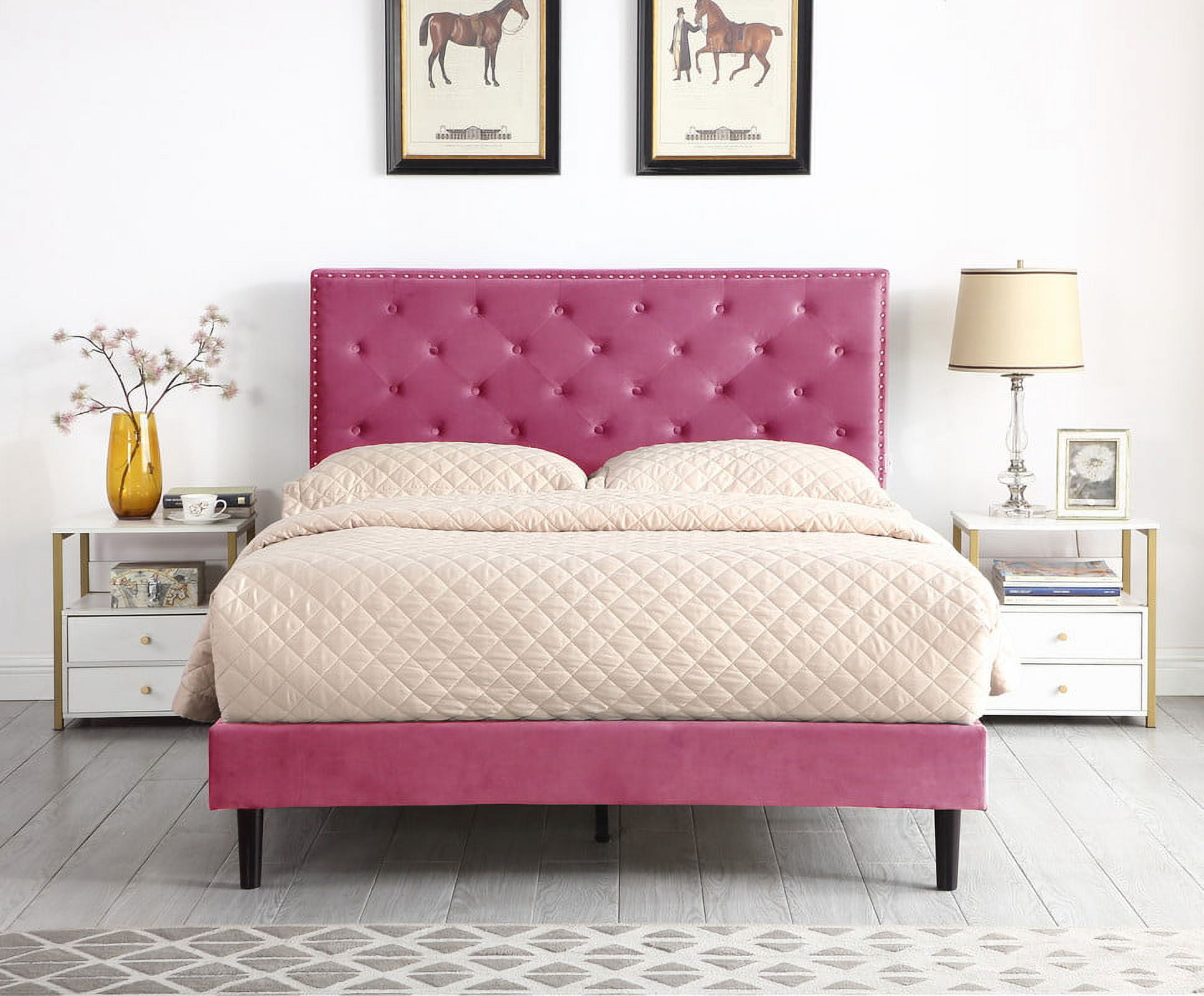 Full Upholstered Platform Bed Frame with 48" Tall Adjustable Headboard - Button Tufted Suede Bed ...