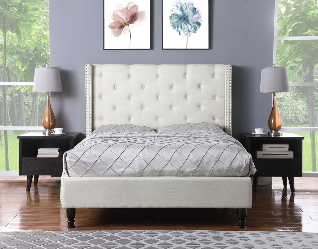 Full Light Beige Linen Upholstered Platform Bed with Tufted Headboard
