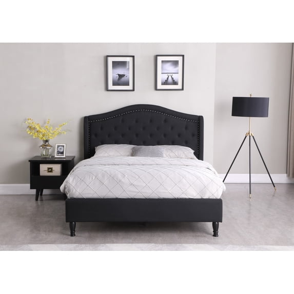Full Upholstered Platform Bed Frame with 51" Tall Headboard - Button Tufted Linen Bed - Black - Oliver & Smith - Monroe