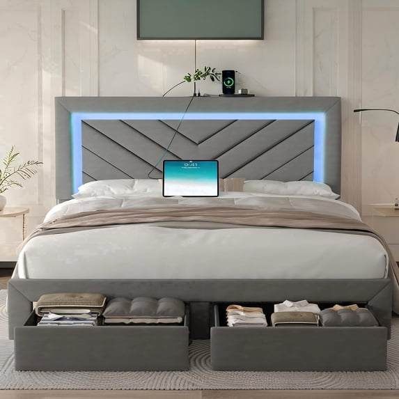 NHIXSOM Full Upholstered Platform Bed Frame with LED Lights and Storage, Velvet Adjustable Headboard, Grey