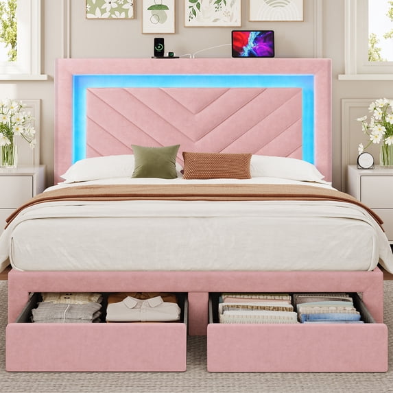 NHIXSOM Full Upholstered Platform Bed Frame with LED Lights and Storage, Velvet Adjustable Headboard, Pink