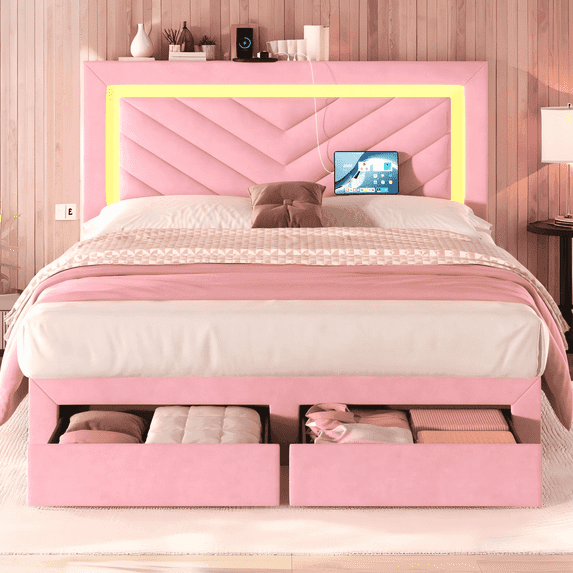 NHIXSOM Full Upholstered Platform Bed Frame with LED Lights and Storage, Velvet Adjustable Headboard, Pink