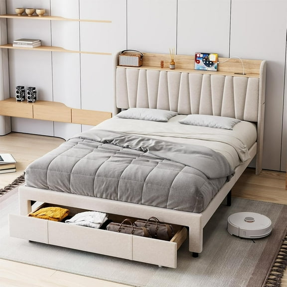 Full Upholstered Platform Bed Frame with Storage Drawer, Charging Headboard, Wooden Slats, No Box Spring, Beige