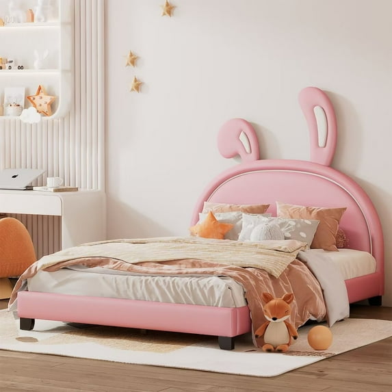 Full Upholstered Platform Bed with Rabbit Ornament, Wood Platform Bed Frame with Leather Headboard and Wood Slats Support for Girls Boys Teens Bedroom, No Box Spring Required, Pink