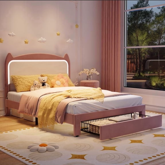 Full Velvet LED Bed Frame, Princess Platform Bed with Cute Cat Headboard, Sturdy Wood Slat Support, Pink with Drawer, Platform Beds