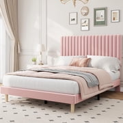 Full Velvet Platform Bed Frame with Adjustable Headboard, Wood Slats, No Box Spring Needed, Pink