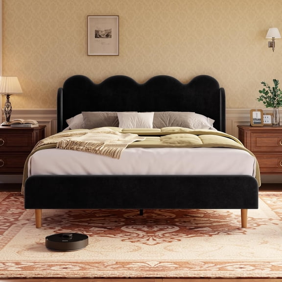 Full Velvet Upholstered Bed Frame – High Wingback Headboard, Modern Minimalist Design, Scalloped Edges – No Box Spring Needed – Black
