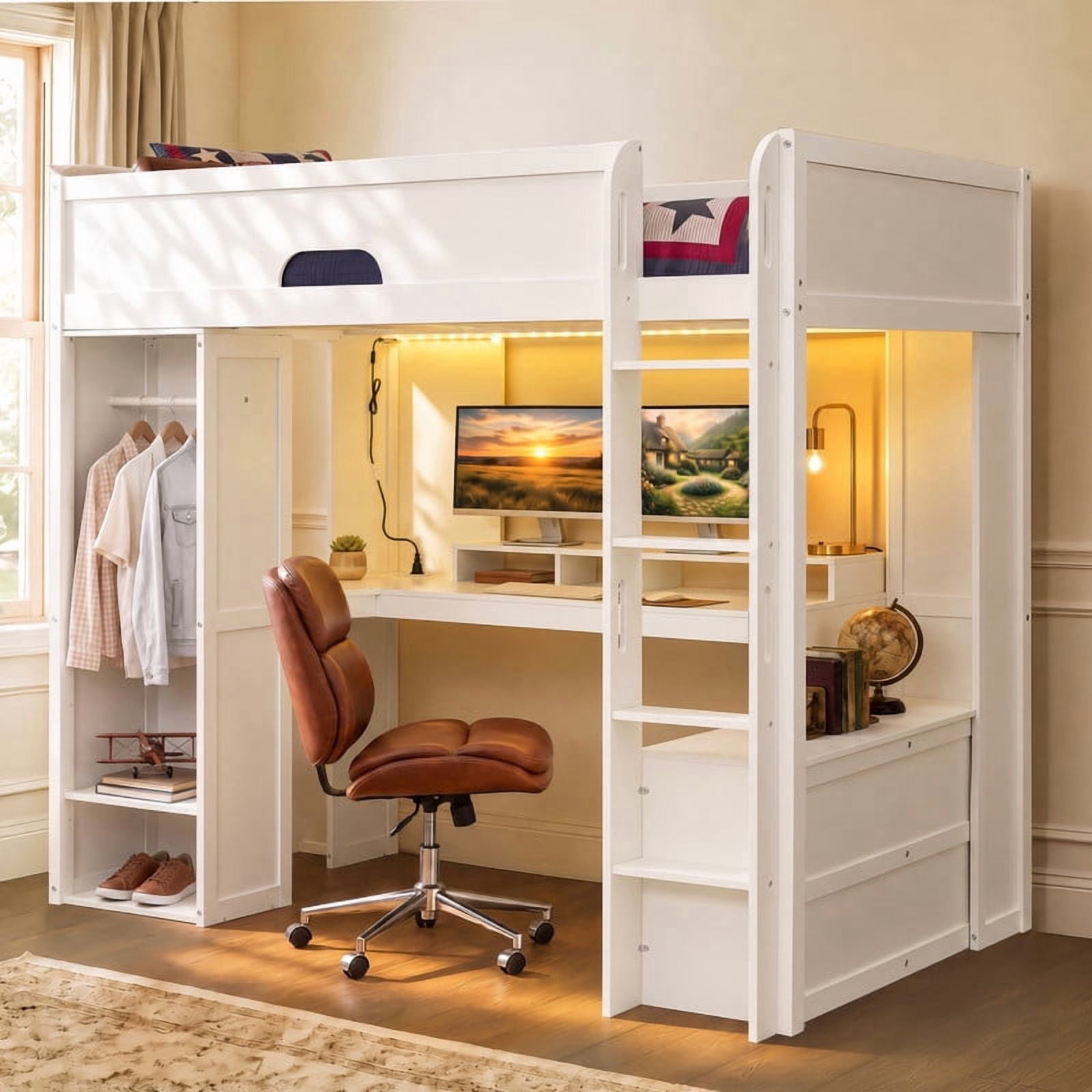 Full Versatile Loft Bed with L-Shaped Desk, LED Light Strip & Charging Station, Storage Kids Bed Frame with Drawers & Wardrobe