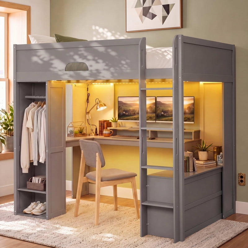 Full Versatile Loft Bed with L-Shaped Desk, LED Light Strip & Charging Station, Storage Kids Bed Frame with Drawers & Wardrobe