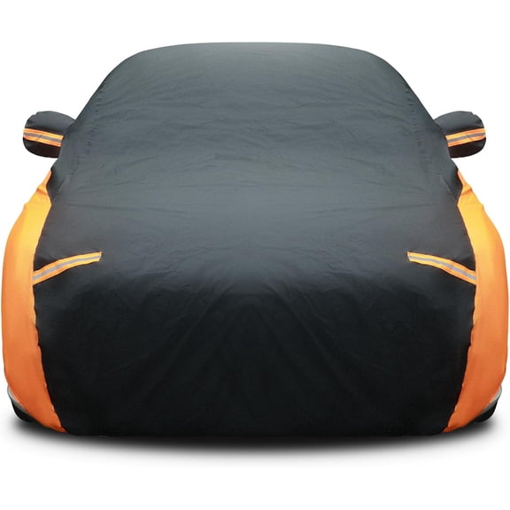 Full Waterproof All Weather for Automobiles Windproof Cover Rain UV Protection Sun Scratch Resistant Outdoor Universal(Fit Sedan Length (185-193'') 70'' H,Black, Orange)