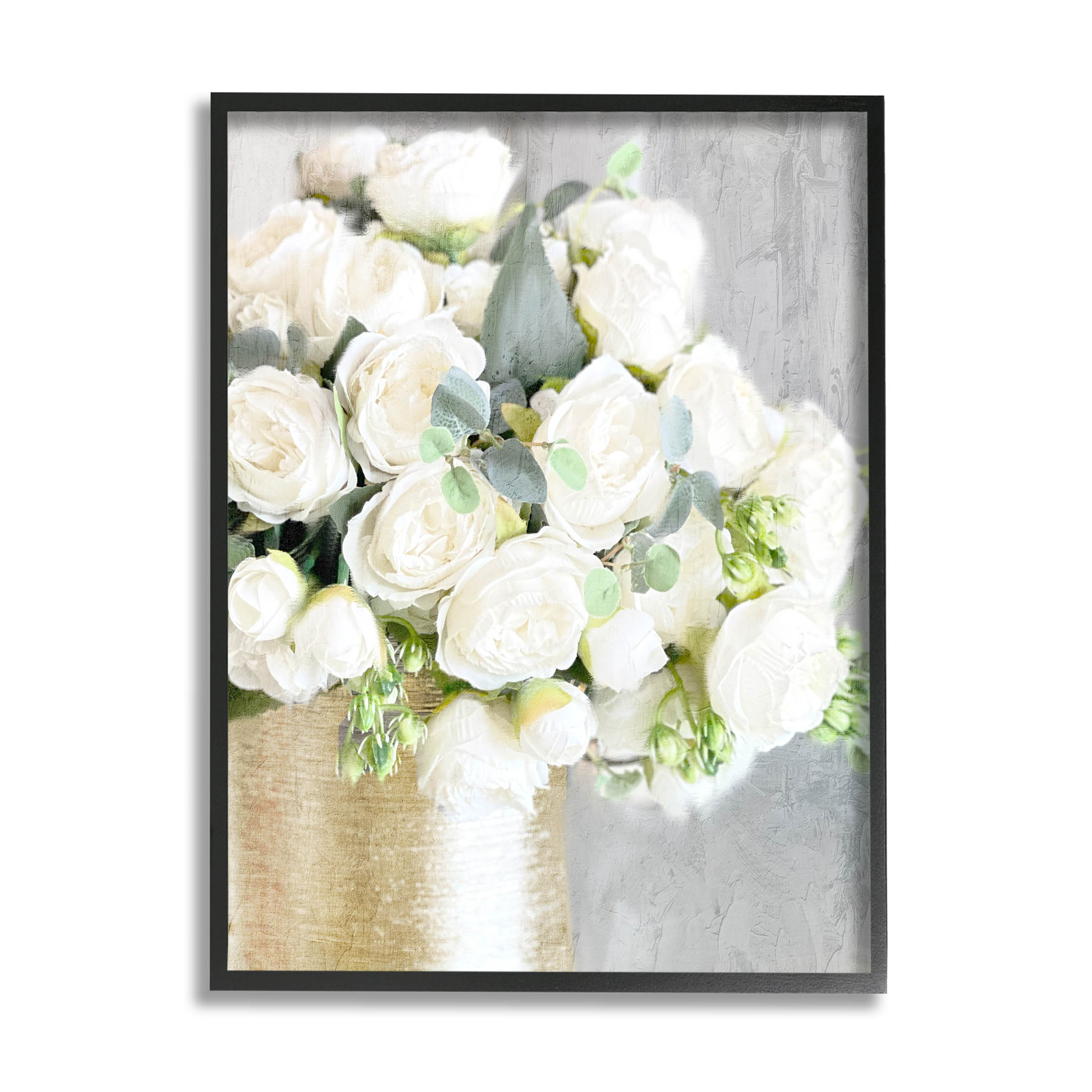 Full White Rose Bouquet Botanical & Floral Graphic Art Black Framed Art Print Wall Art
