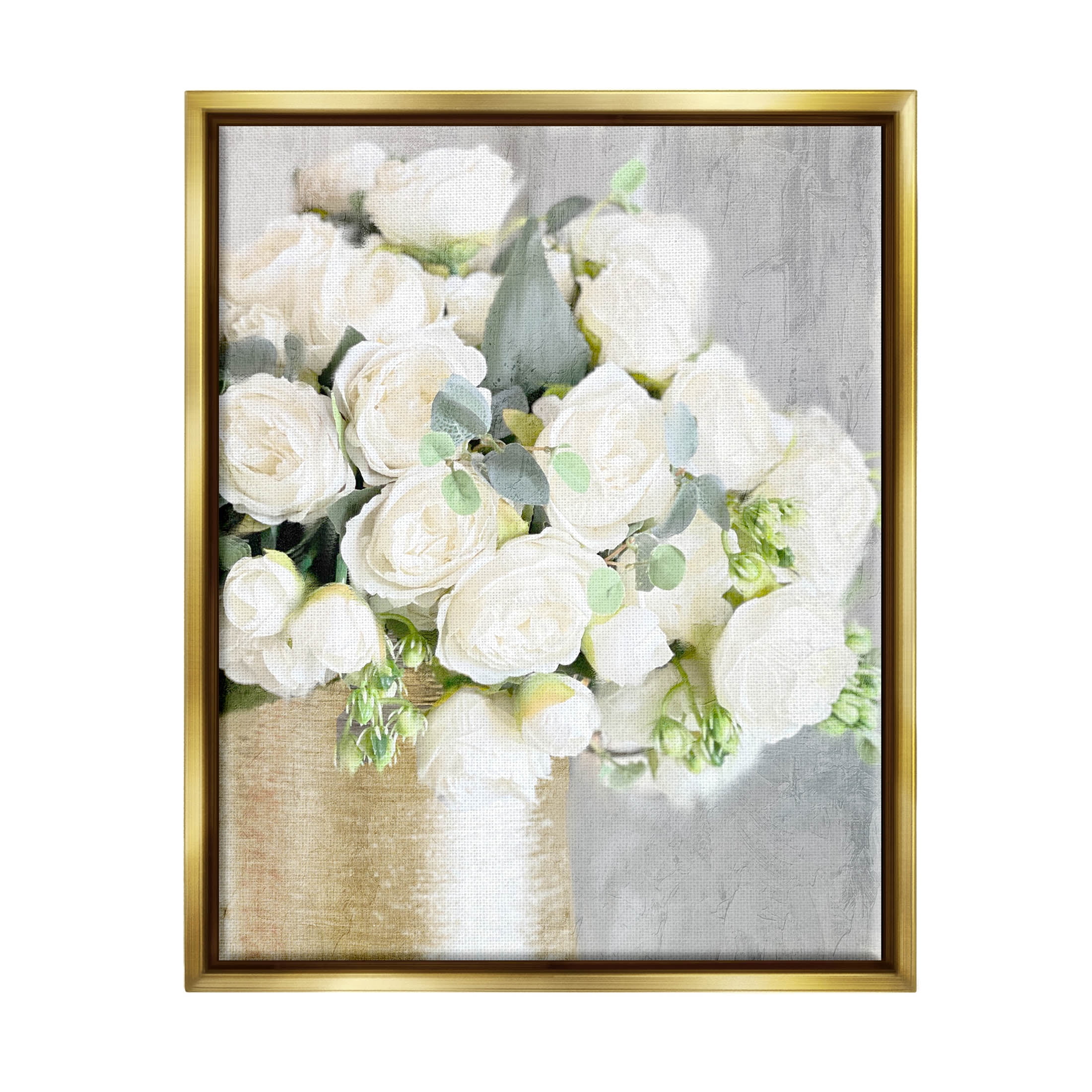 Full White Rose Bouquet Botanical & Floral Graphic Art Metallic Gold Framed Art Print Wall Art