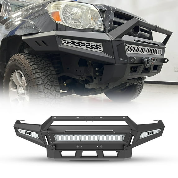 Full-Width Front Bumper Fit for 2005-2015 Toyota Tacoma,Modular Heavy Duty Steel Front Bumper with Side Wings and Bull Bar,Type B