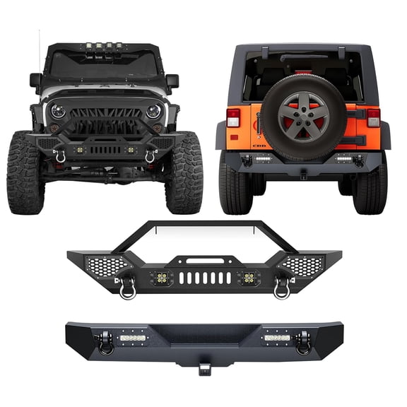 Full Width Off-Road Front & Rear Bumper Set for 2007-2018 Wrangler JK & JKU (2/4 Doors) – Rock Crawler Style – Integrated Winch Plate, D-Rings, LED Lights – Automotive Bumper Protector
