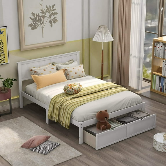 Full Wood Bed Frame with Sliding Storage Drawers Platform Bed with Large Storage Space