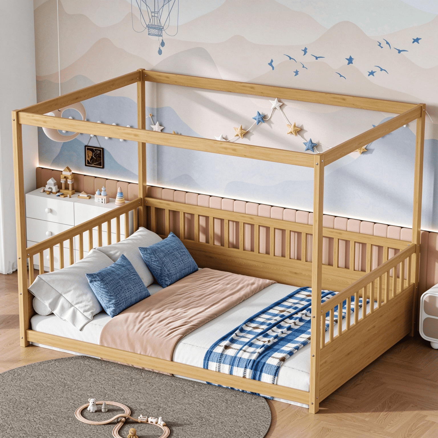 Healthy Design Frame Full Wood Canopy Floor Bed Frame with Guardrails, Four Poster Design ...