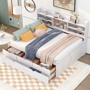 Full Wood Captain Bed Mattress Foundation with Built-in Bookshelves,Three Storage Drawers and Trundle, Bed Frame Storage Bed w/ Wooden Slats for Boy Girl, Easy Assembly
