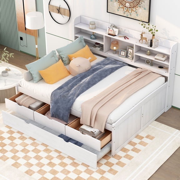 Full Wood Captain Bed Mattress Foundation with Built-in Bookshelves,Three Storage Drawers and Trundle, Bed Frame Storage Bed w/ Wooden Slats for Boy Girl, Easy Assembly